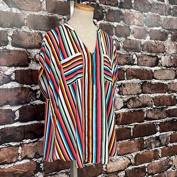 Torrid Top Blouse Quarter Zip Short Sleeves Colorful Stripes Pink Blue Size 12 - Picture 6 of 12